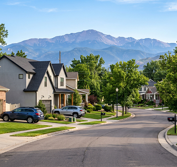 Suburban neighborhood in Lakewood, Colorado, with modern homes, green trees, and mountain views under a clear blue sky.